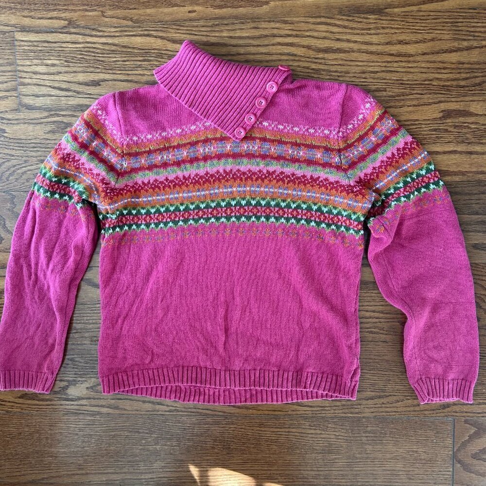 Vintage 90s Tiara Pink Fair Isle Turtleneck Sweater Button Collar Size Medium - Picture 10 of 10